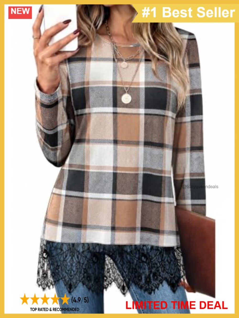 Women's Long Sleeve Lace Hem Tunic Top Crew Neck Loose Fit Polyester Blend